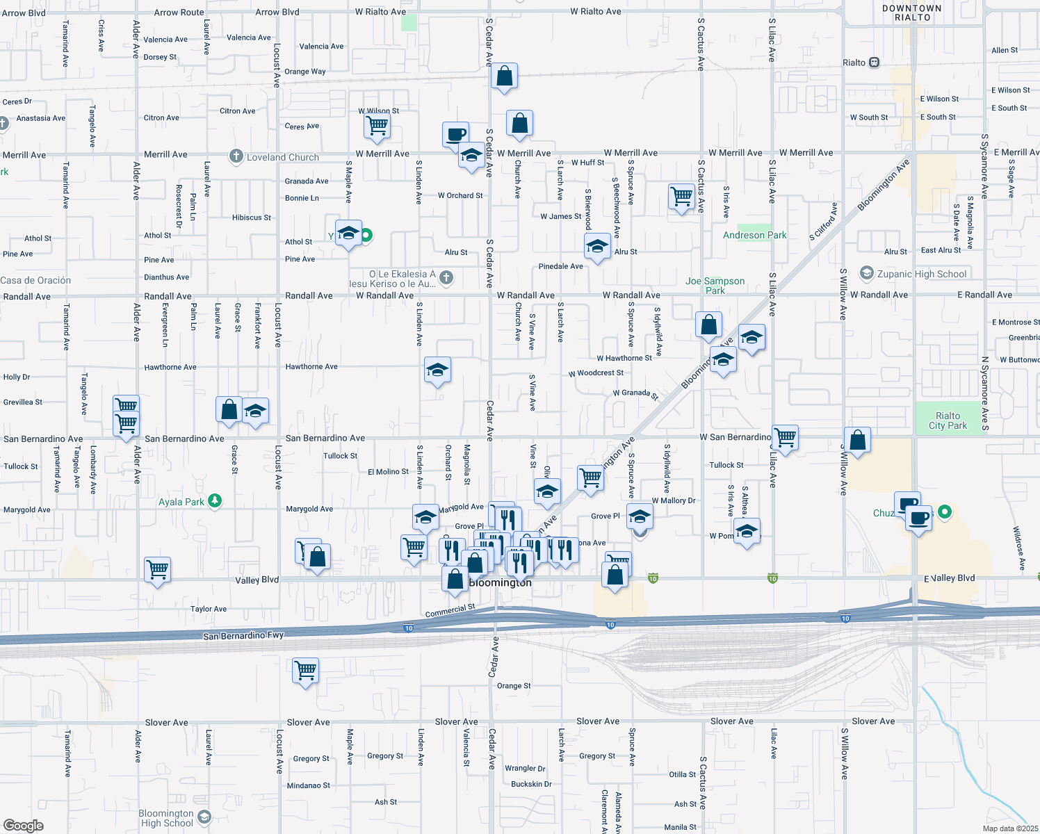 map of restaurants, bars, coffee shops, grocery stores, and more near 1201 West Miramont Street in Bloomington