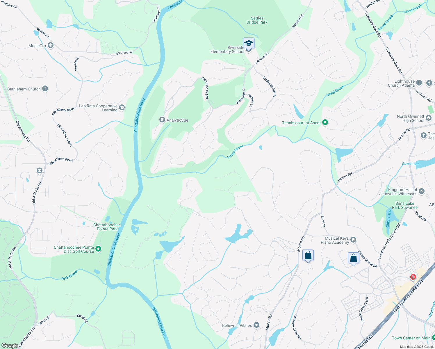 map of restaurants, bars, coffee shops, grocery stores, and more near 881 Woodvale Point in Suwanee
