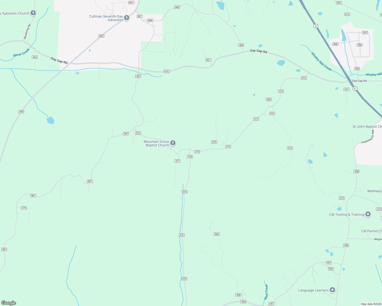 map of restaurants, bars, coffee shops, grocery stores, and more near 39 County Road 576 in Hanceville
