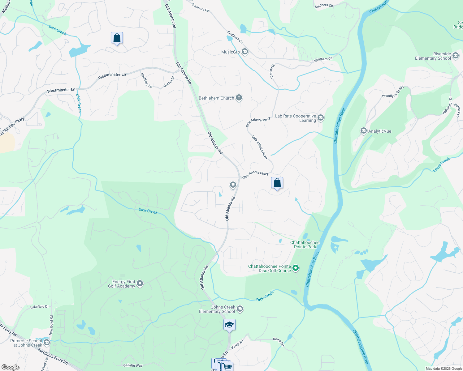 map of restaurants, bars, coffee shops, grocery stores, and more near 5510 Old Atlanta Road in Suwanee