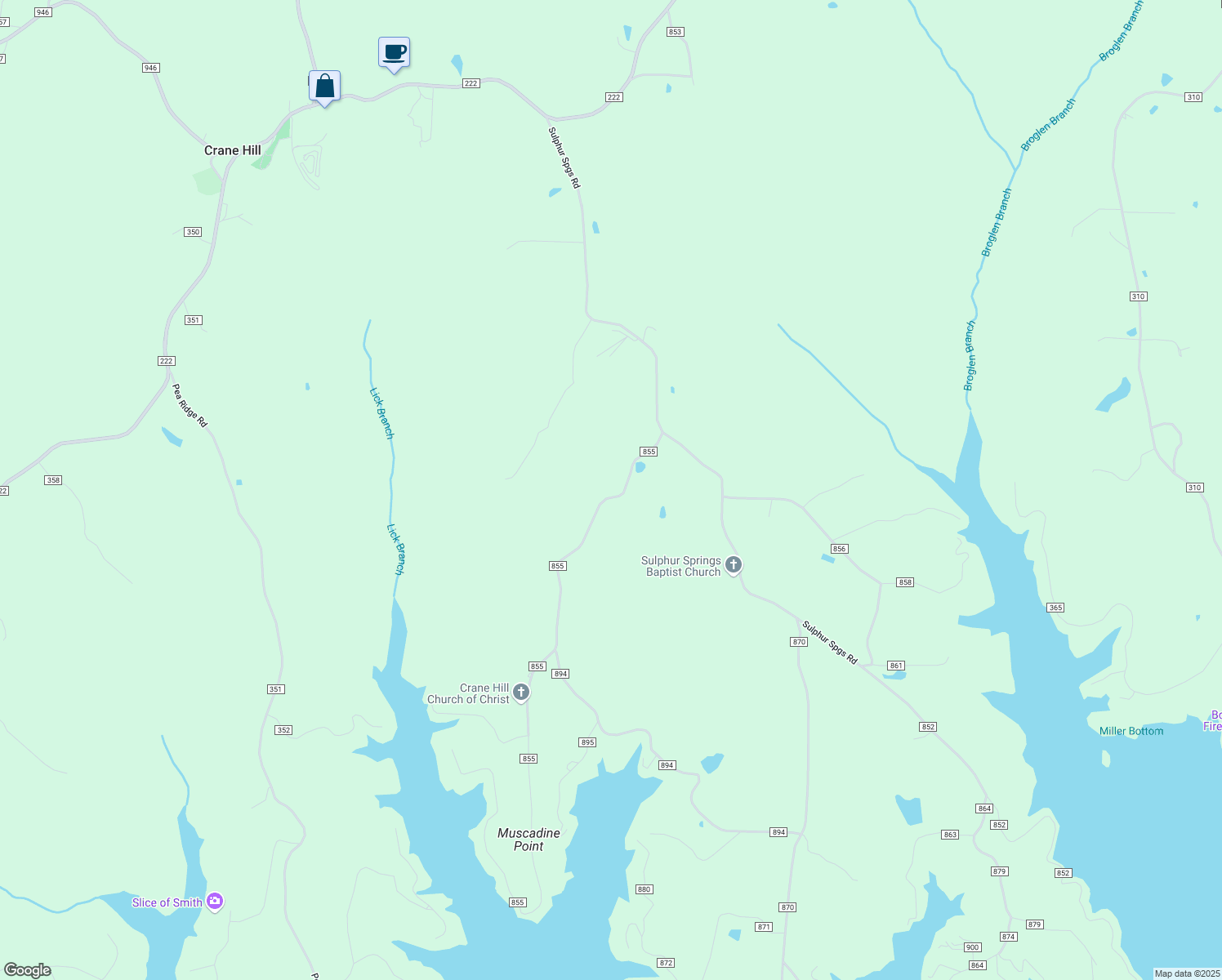 map of restaurants, bars, coffee shops, grocery stores, and more near 294 County Road 855 in Crane Hill