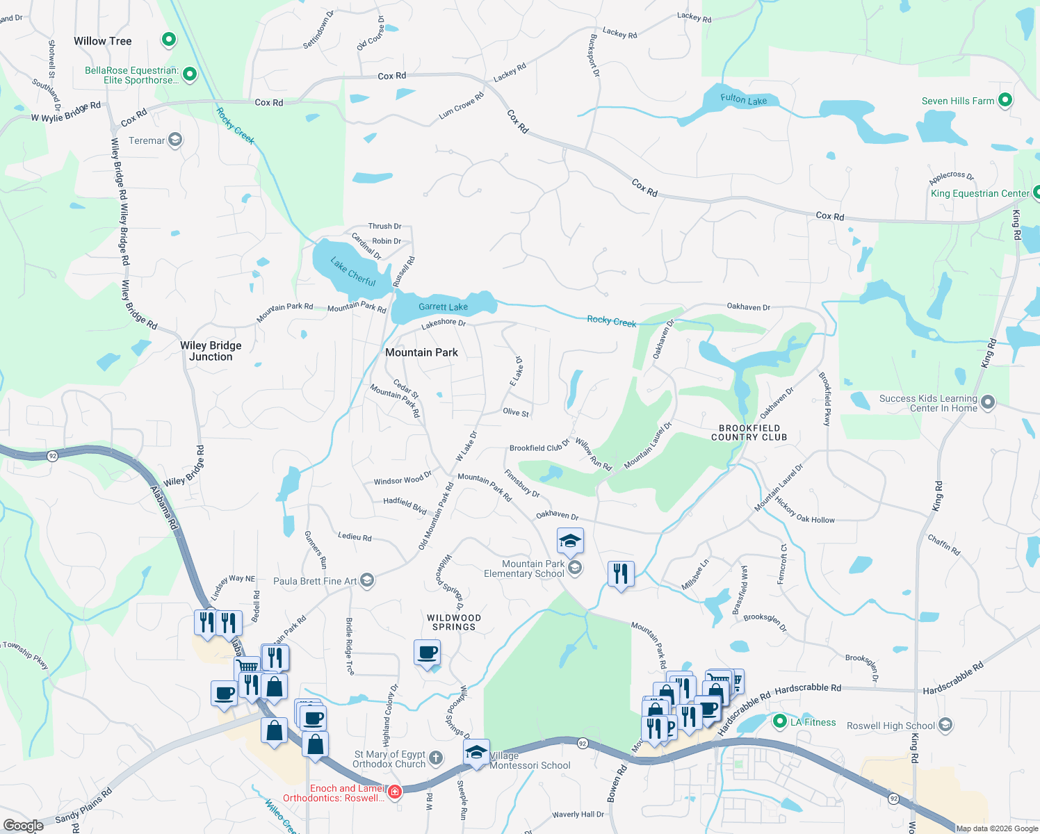 map of restaurants, bars, coffee shops, grocery stores, and more near 115 Olive Street in Roswell