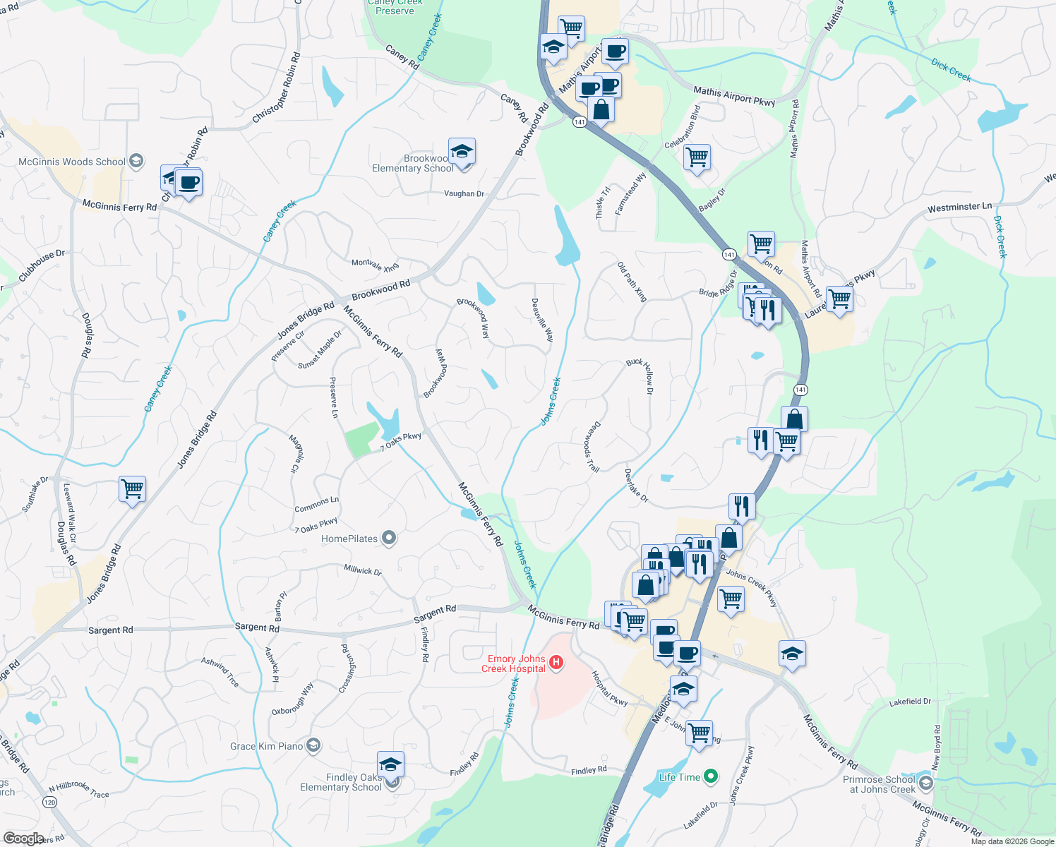 map of restaurants, bars, coffee shops, grocery stores, and more near 7345 Treyland Court in Cumming