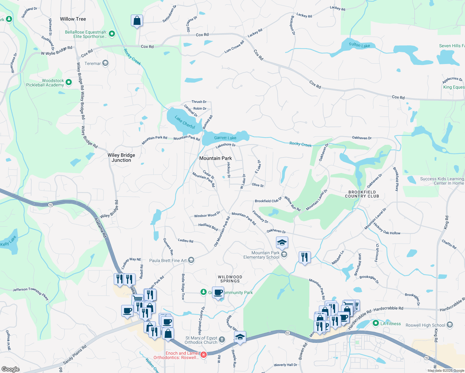 map of restaurants, bars, coffee shops, grocery stores, and more near 123 Cherry Street in Roswell