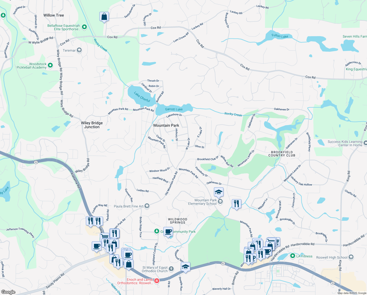 map of restaurants, bars, coffee shops, grocery stores, and more near 123 Cherry Street in Roswell