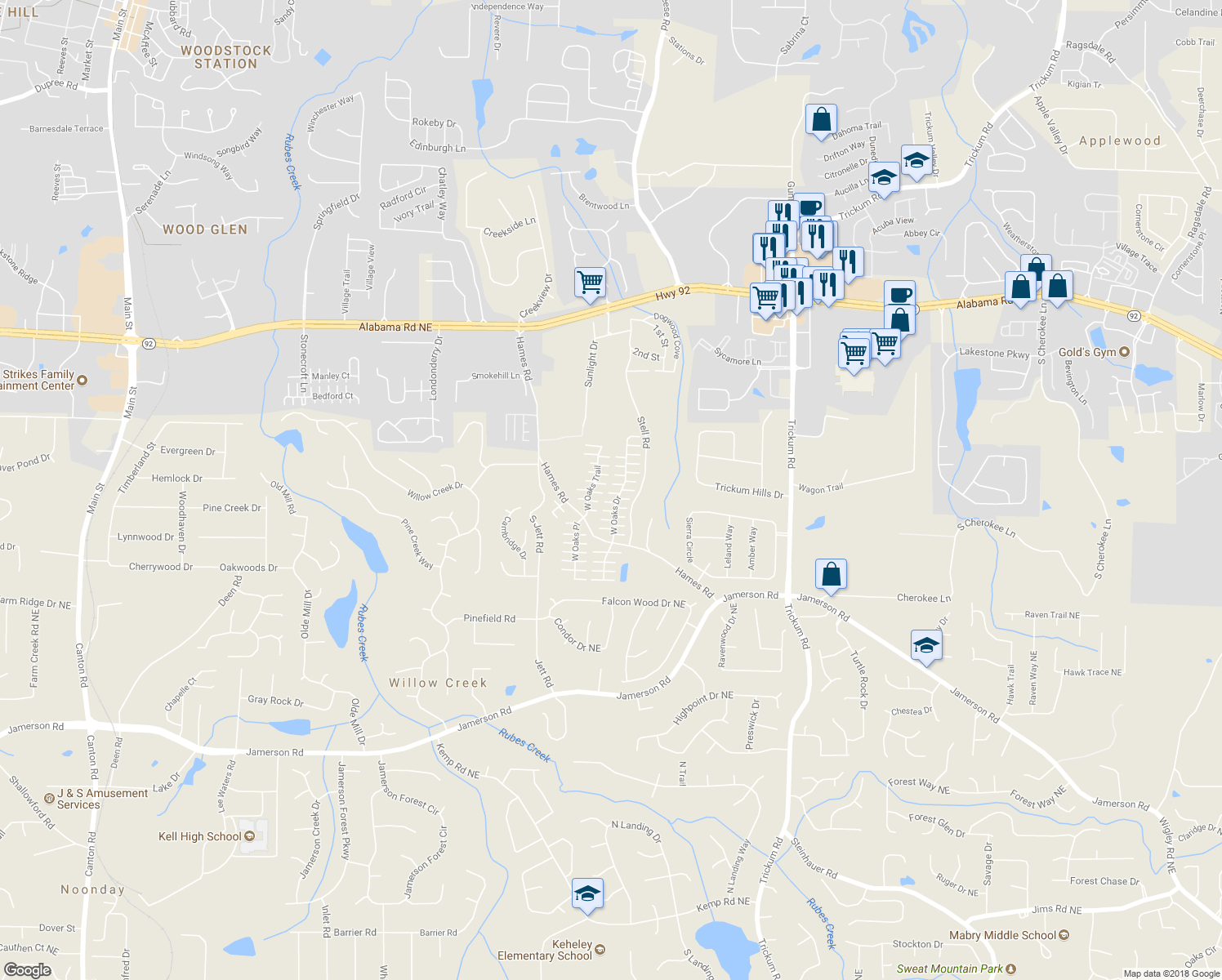 map of restaurants, bars, coffee shops, grocery stores, and more near 627 West Oaks Drive in Woodstock