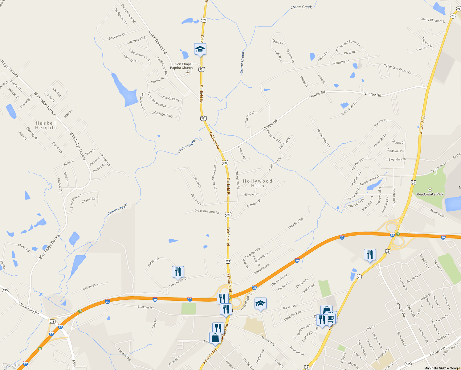 map of restaurants, bars, coffee shops, grocery stores, and more near 6900 Fairfield Road in Columbia