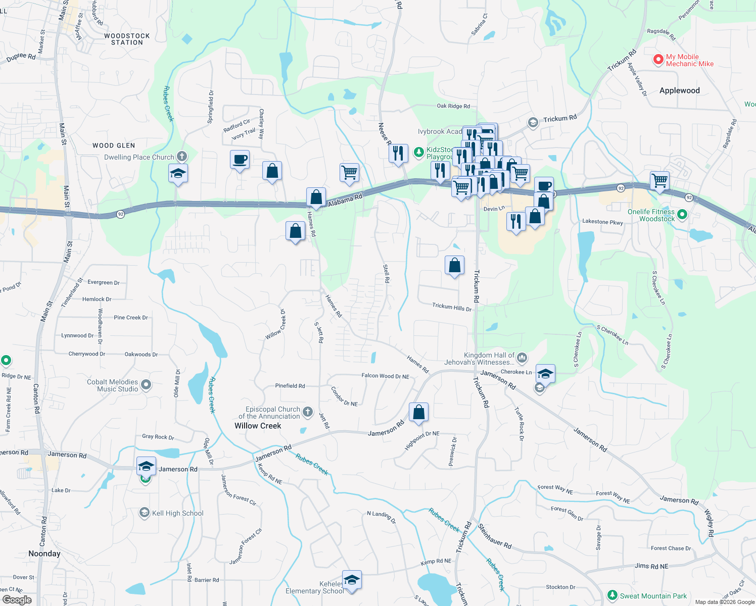 map of restaurants, bars, coffee shops, grocery stores, and more near 630 West Oaks Drive in Woodstock