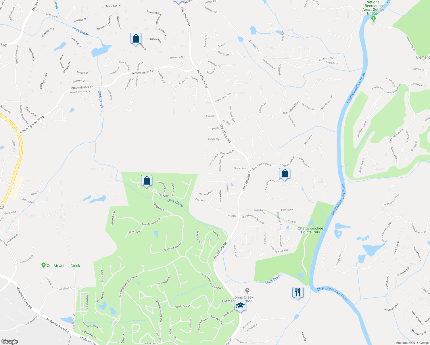 map of restaurants, bars, coffee shops, grocery stores, and more near 5865 Trailwood Court in Suwanee
