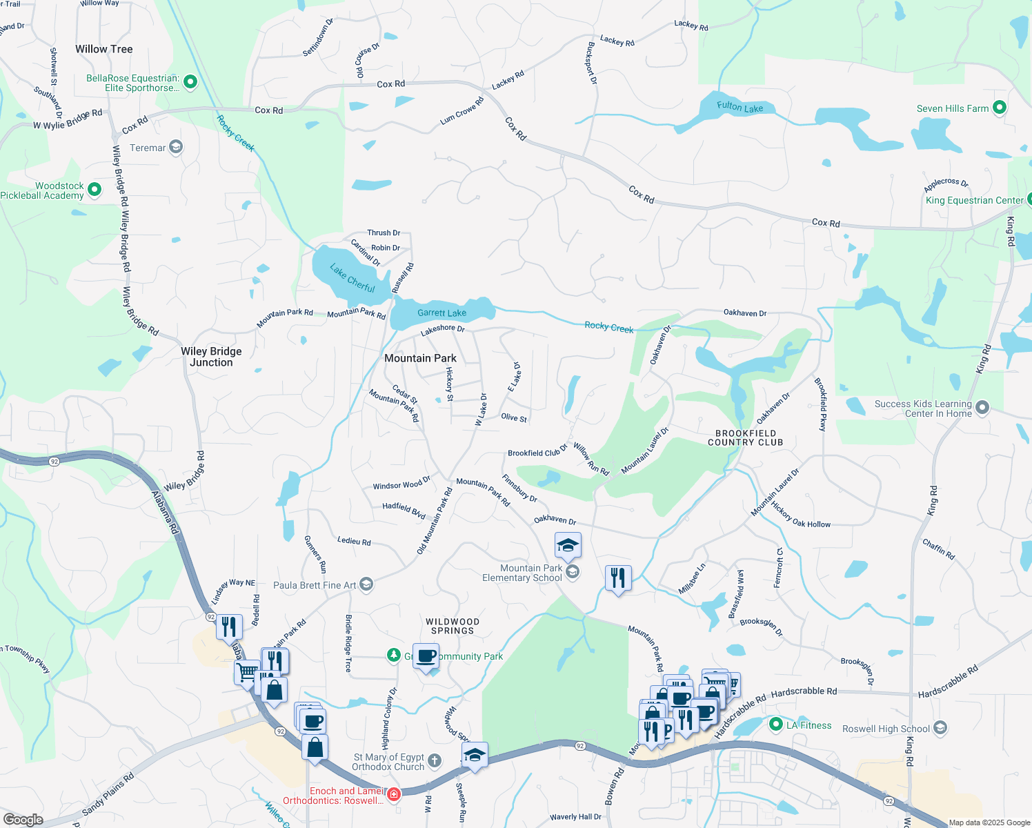 map of restaurants, bars, coffee shops, grocery stores, and more near 110 Olive Street in Roswell