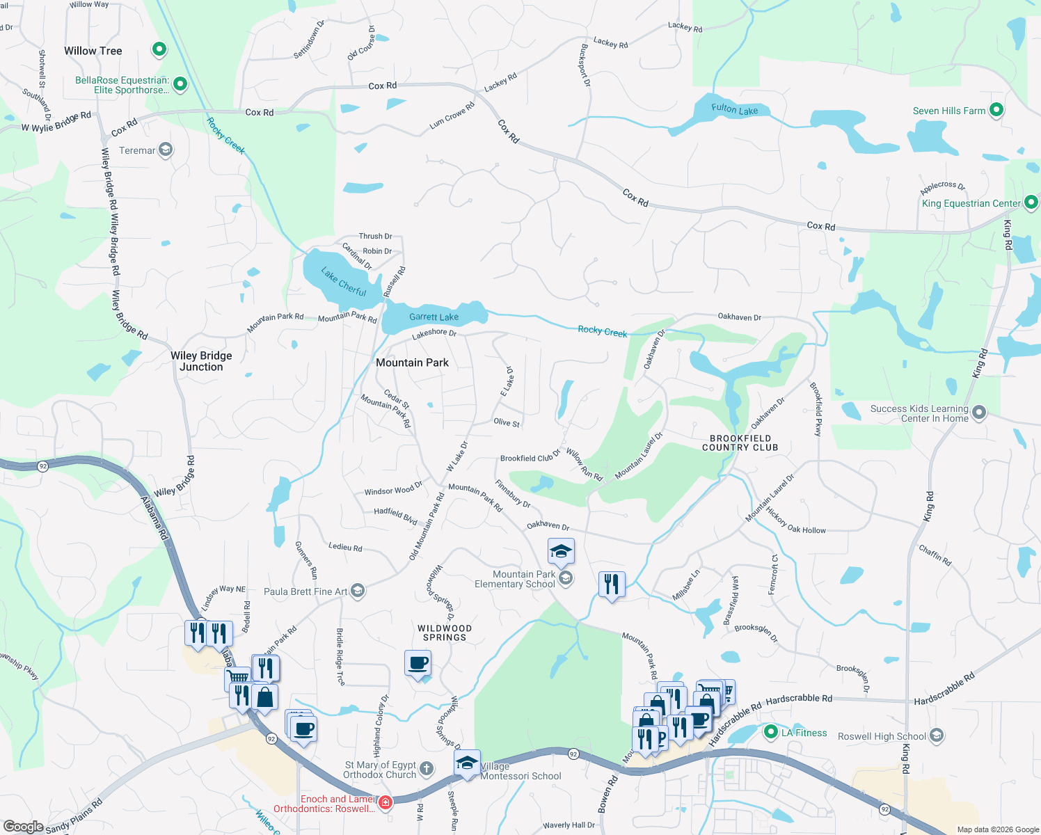 map of restaurants, bars, coffee shops, grocery stores, and more near 146 Hemlock Street in Roswell