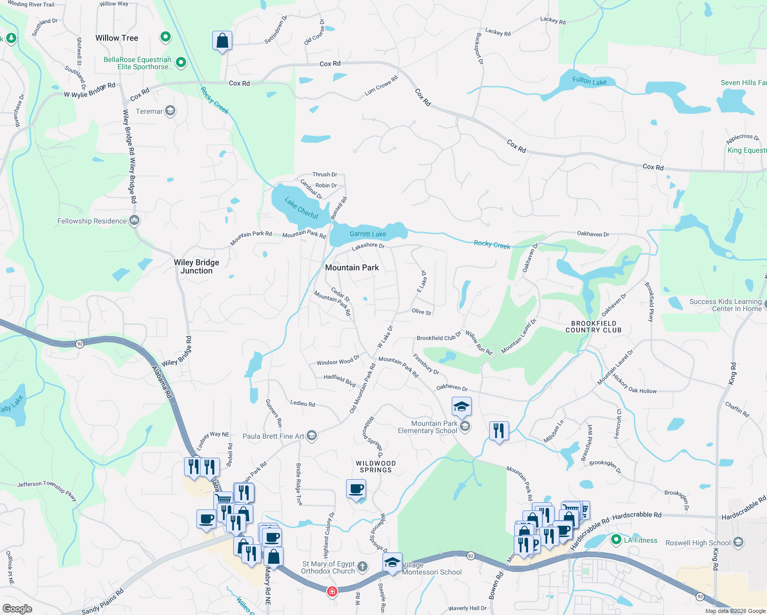 map of restaurants, bars, coffee shops, grocery stores, and more near 105 Walnut Street in Roswell
