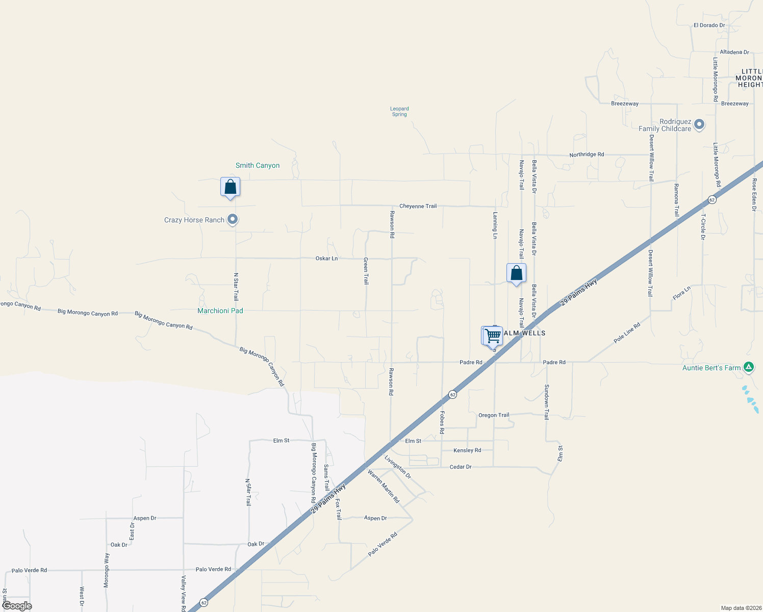 map of restaurants, bars, coffee shops, grocery stores, and more near 51066 Mecca Road in Morongo Valley