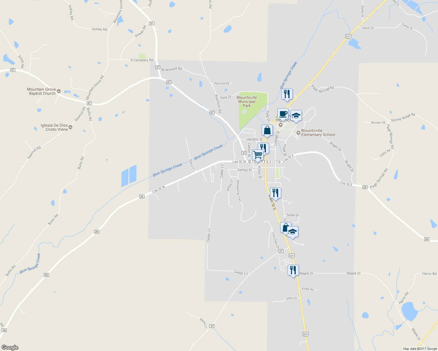 map of restaurants, bars, coffee shops, grocery stores, and more near 1175 Cedar Lane in Blountsville
