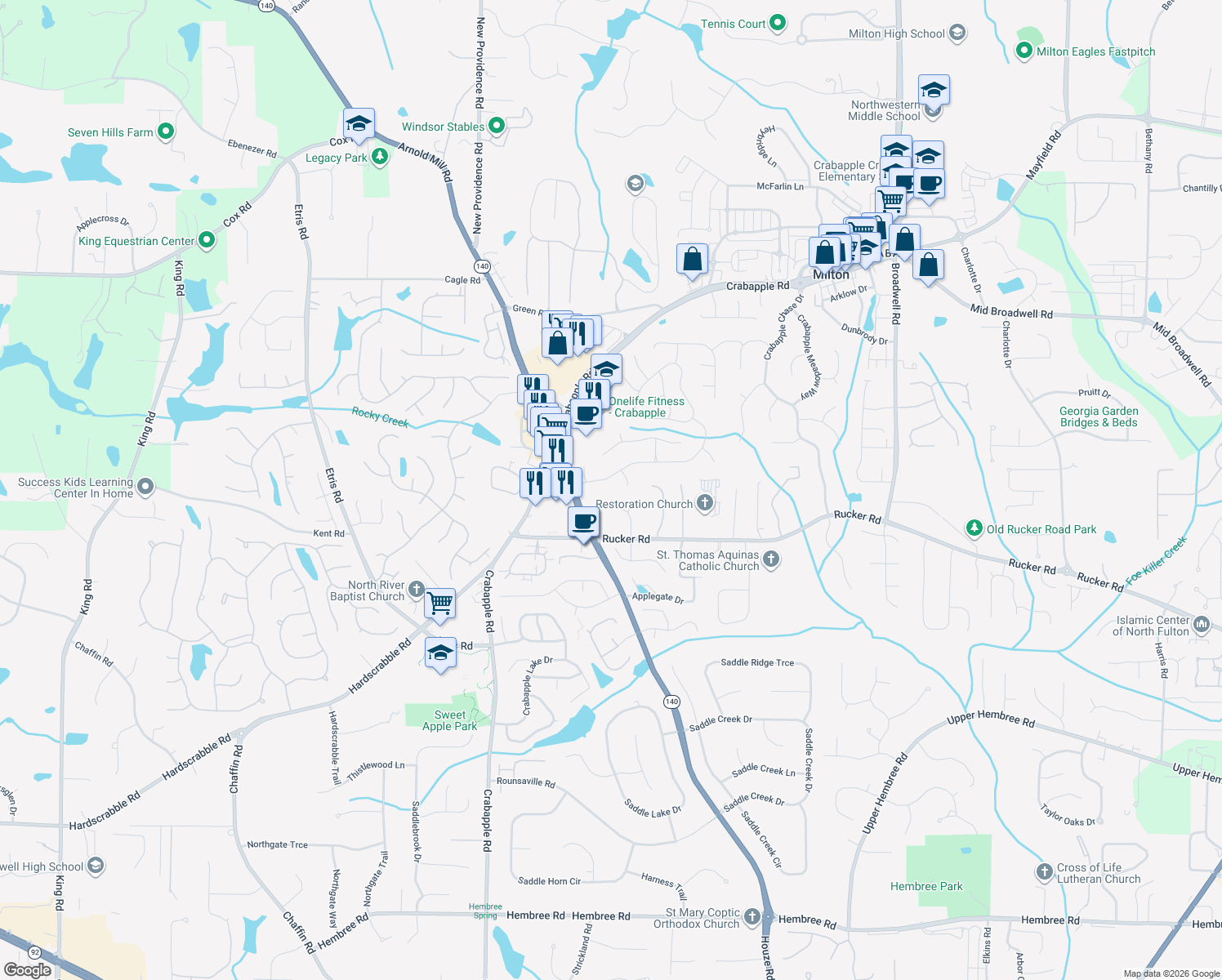 map of restaurants, bars, coffee shops, grocery stores, and more near 225 North Farm Drive in Alpharetta