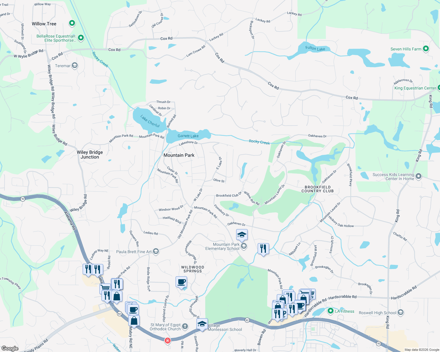 map of restaurants, bars, coffee shops, grocery stores, and more near 112 Juniper Street in Roswell