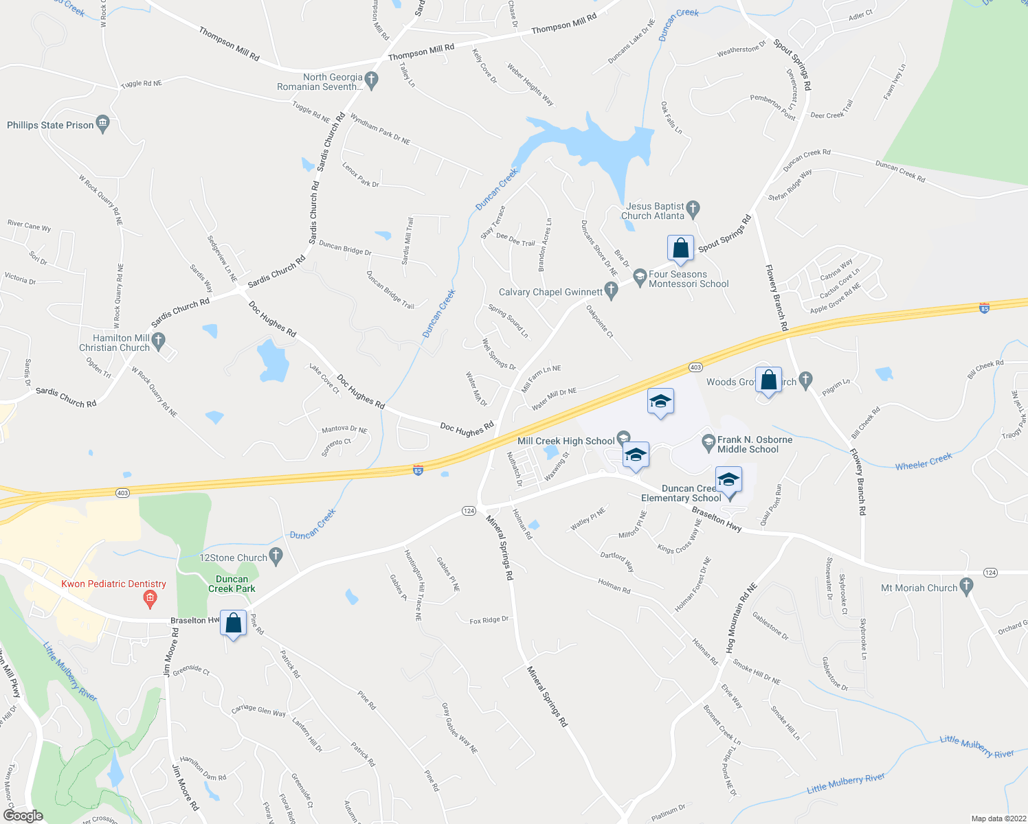 map of restaurants, bars, coffee shops, grocery stores, and more near 4251 Haywater Cove in Buford