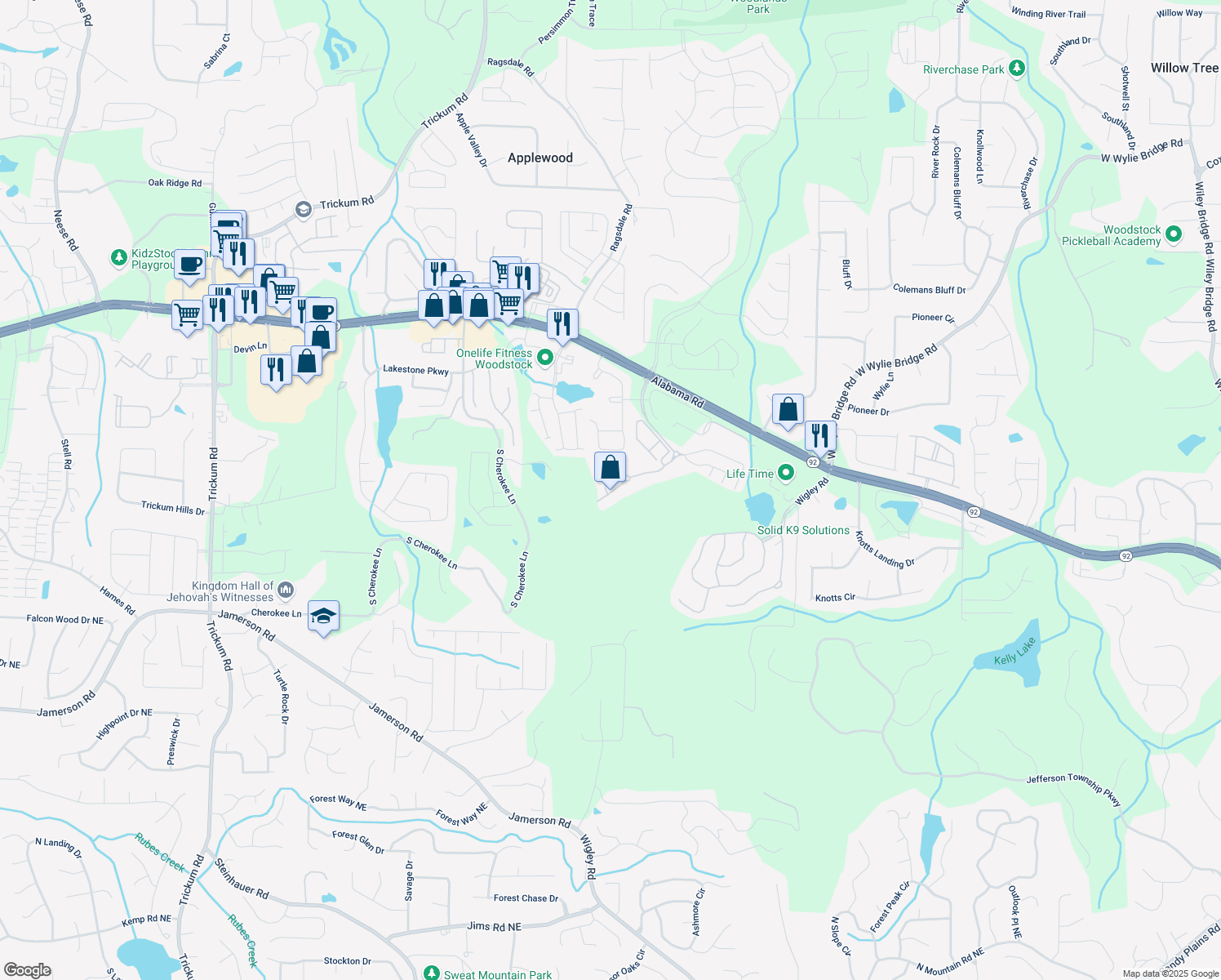 map of restaurants, bars, coffee shops, grocery stores, and more near 223 Glens Loop in Woodstock
