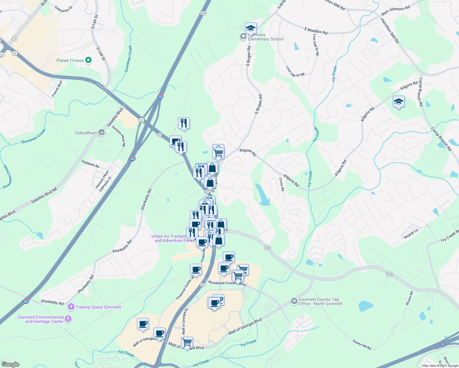 map of restaurants, bars, coffee shops, grocery stores, and more near 1970 Wessington Ct in Buford