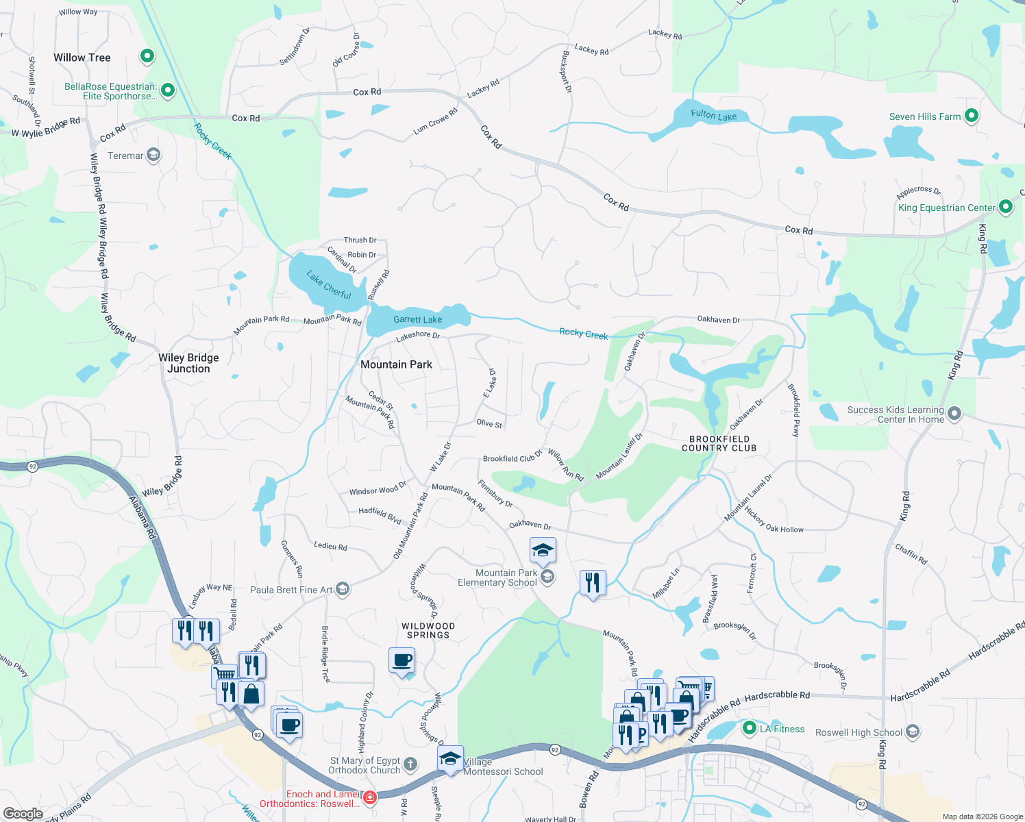 map of restaurants, bars, coffee shops, grocery stores, and more near 146 Hemlock Street in Roswell