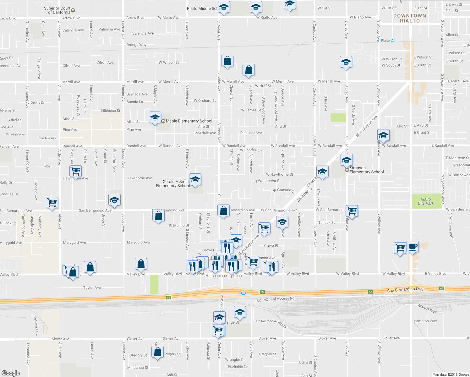 map of restaurants, bars, coffee shops, grocery stores, and more near 1206 W Granada St in Bloomington