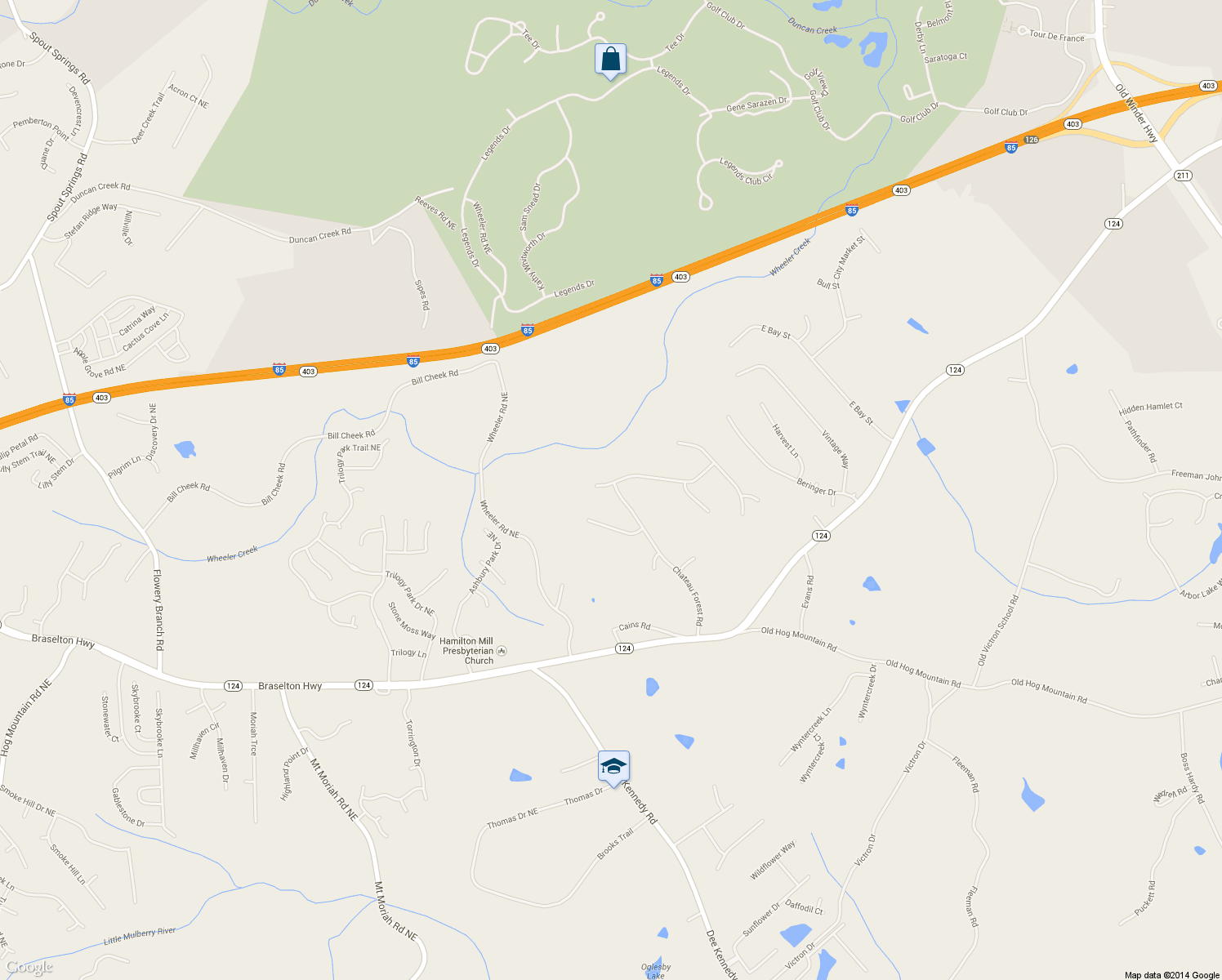 map of restaurants, bars, coffee shops, grocery stores, and more near 1060 Chateau Forest Rd in Hoschton