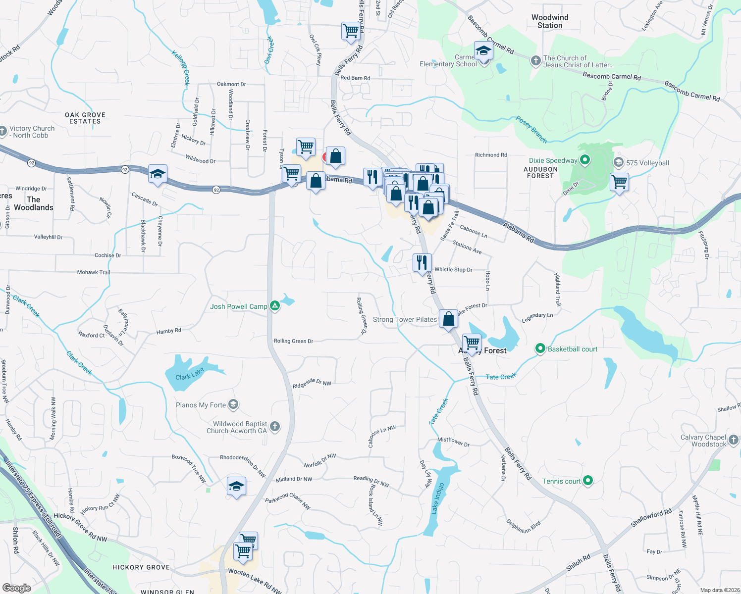 map of restaurants, bars, coffee shops, grocery stores, and more near 5283 Ferry Creek Ln in Acworth
