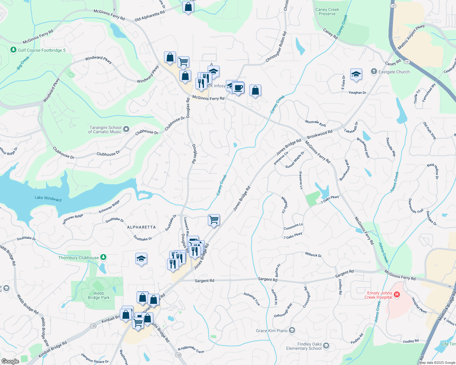 map of restaurants, bars, coffee shops, grocery stores, and more near 12350 Stevens Creek Drive in Alpharetta