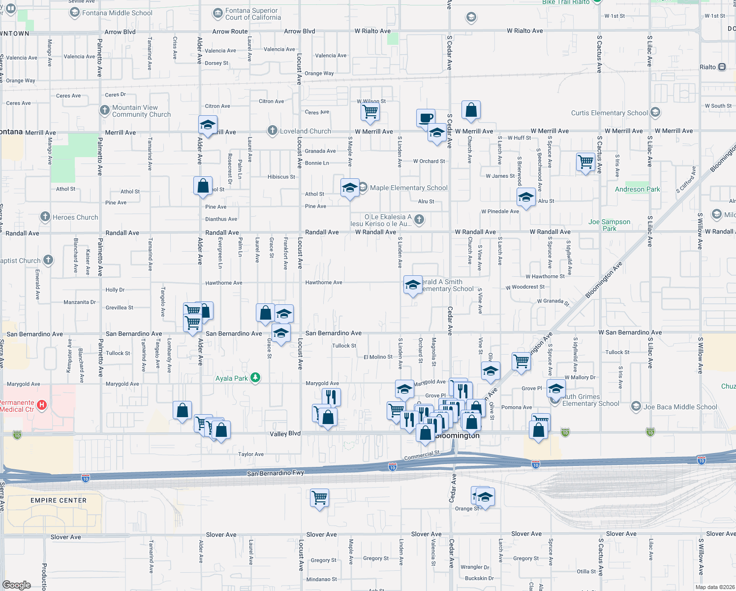 map of restaurants, bars, coffee shops, grocery stores, and more near 18377 Hawthorne Avenue in Bloomington