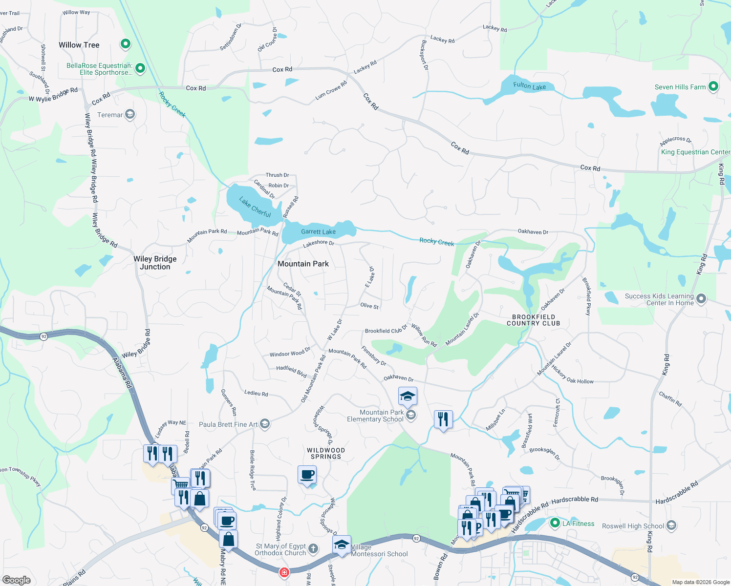 map of restaurants, bars, coffee shops, grocery stores, and more near 112 Juniper Street in Roswell