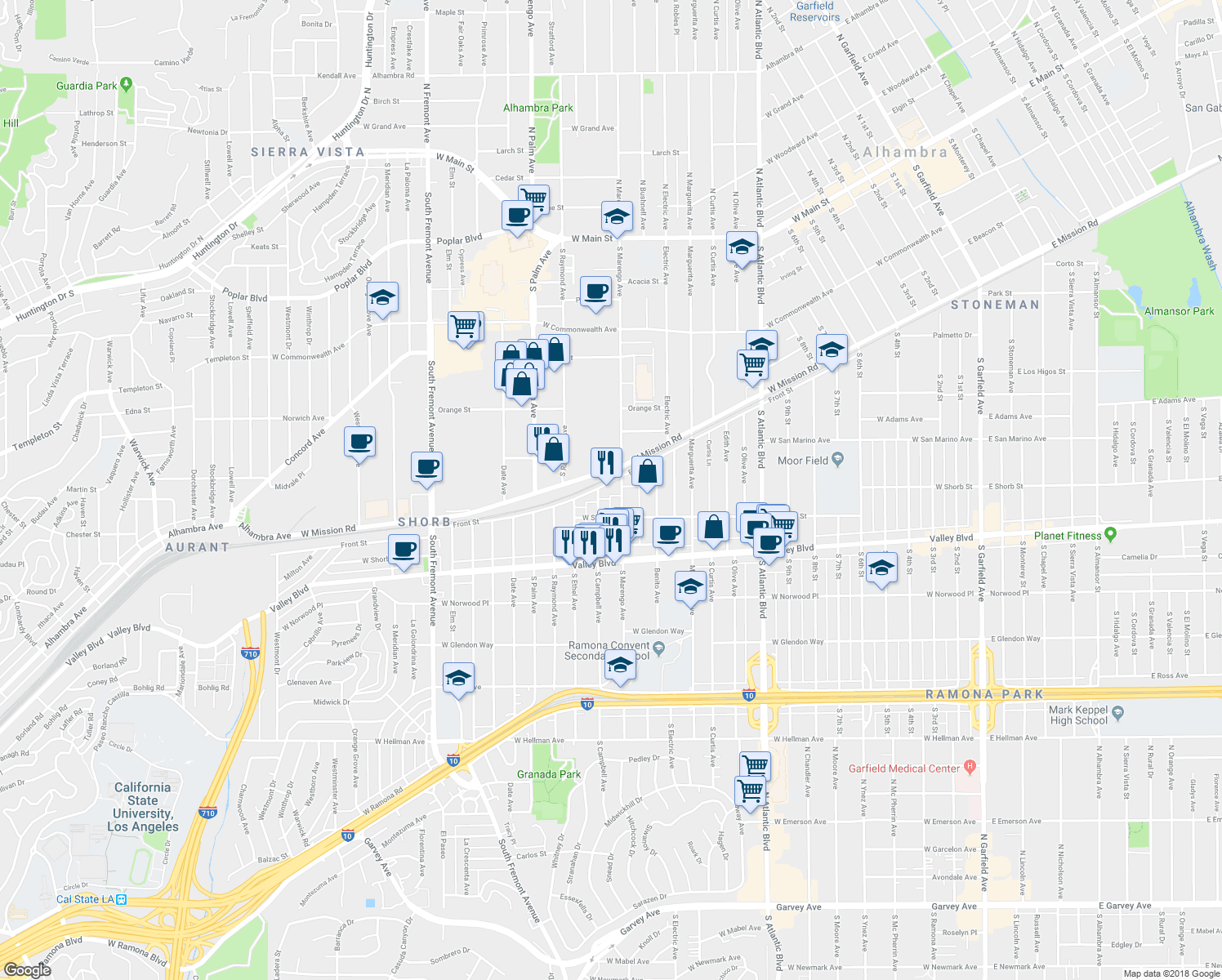 map of restaurants, bars, coffee shops, grocery stores, and more near 1712 Front Street in Alhambra