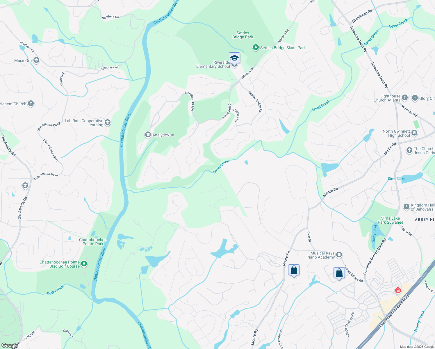 map of restaurants, bars, coffee shops, grocery stores, and more near 5000 Hutchins Ferry Road in Suwanee