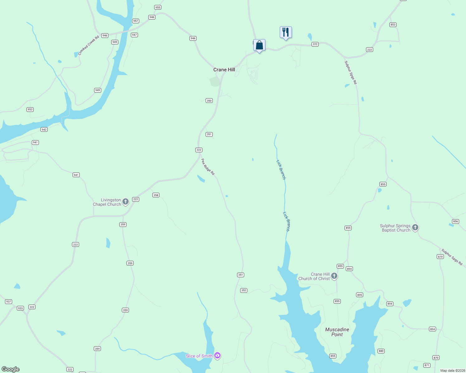 map of restaurants, bars, coffee shops, grocery stores, and more near 355 County Road 351 in Crane Hill