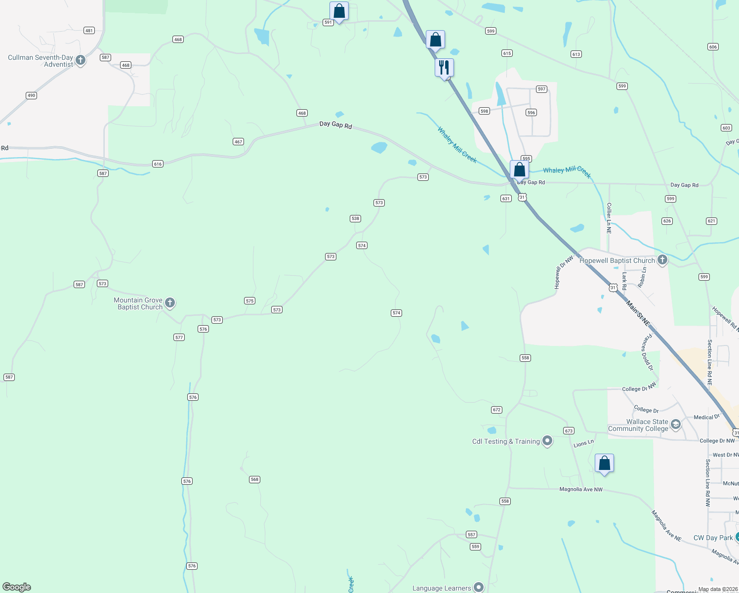 map of restaurants, bars, coffee shops, grocery stores, and more near 280 County Road 574 in Hanceville