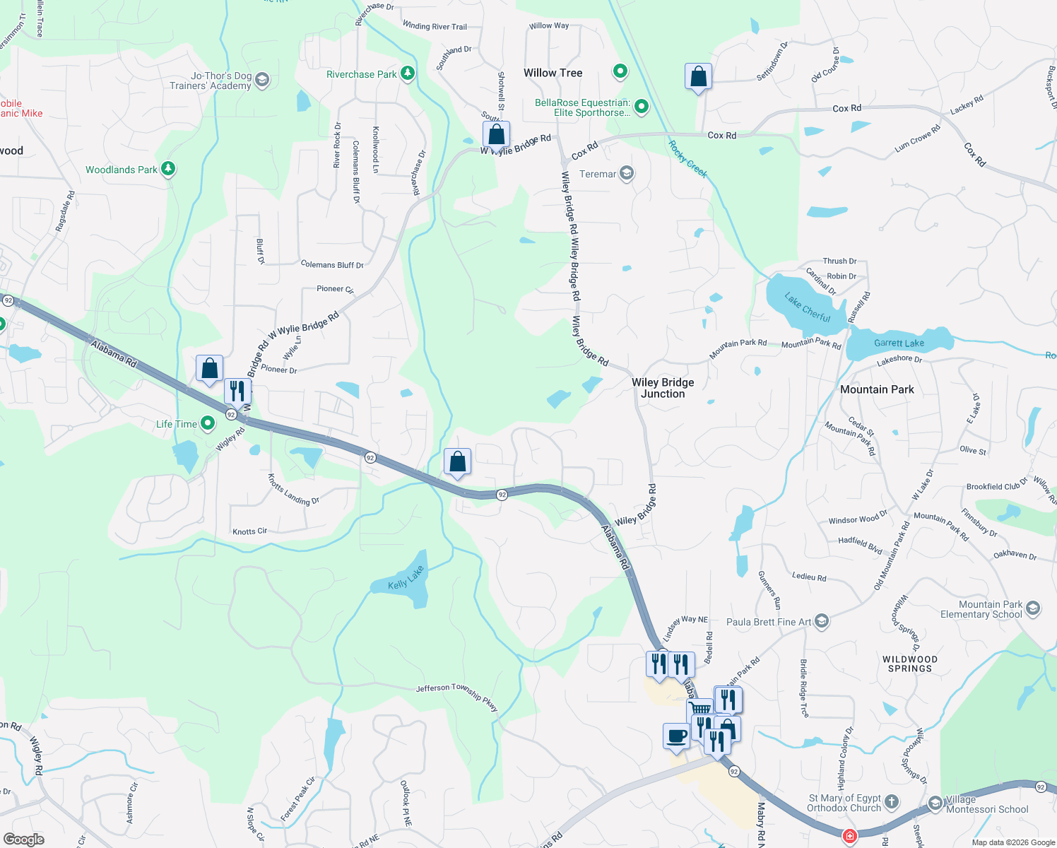 map of restaurants, bars, coffee shops, grocery stores, and more near 231 Colony Center Drive in Woodstock