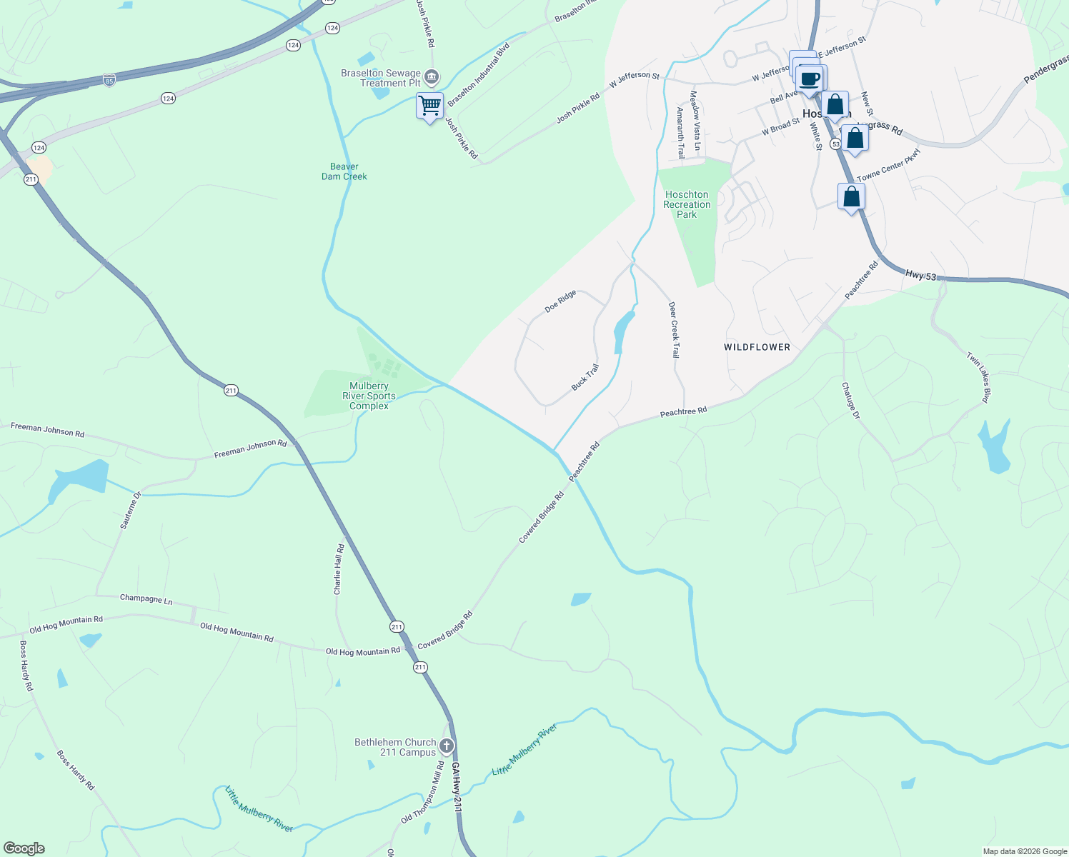 map of restaurants, bars, coffee shops, grocery stores, and more near 663 Buck Trail in Hoschton