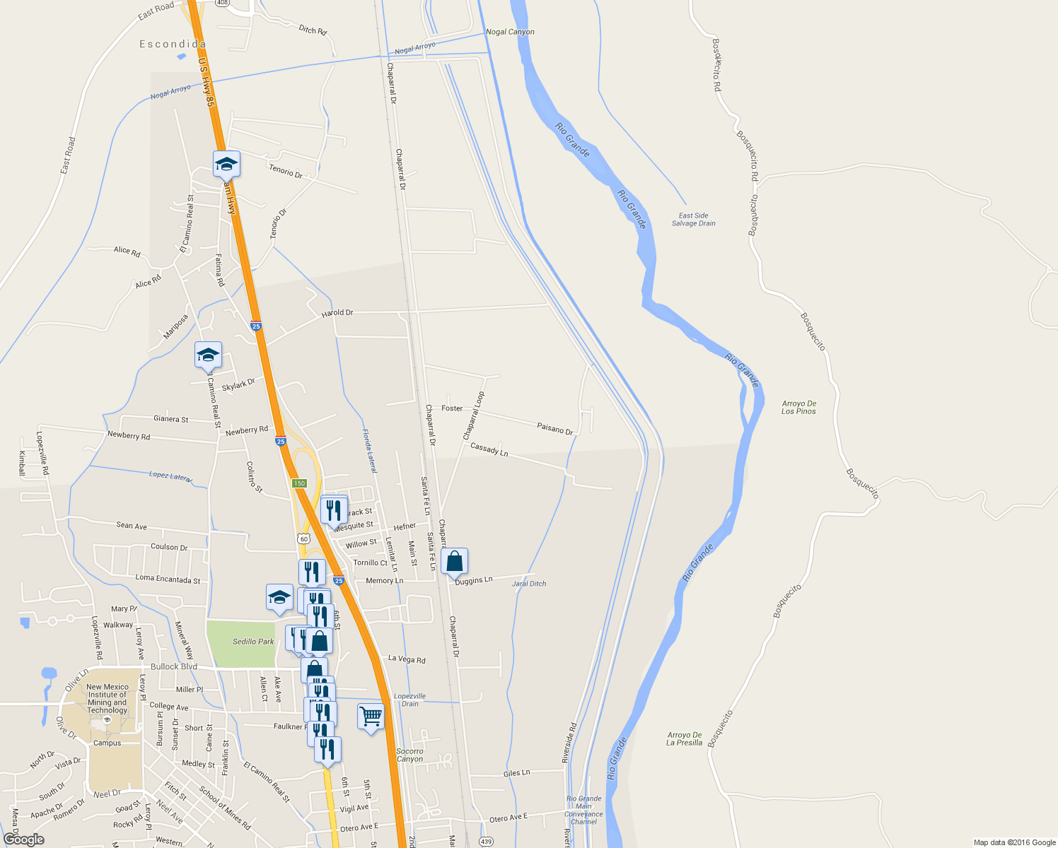 map of restaurants, bars, coffee shops, grocery stores, and more near 914 Paisano Dr in Socorro