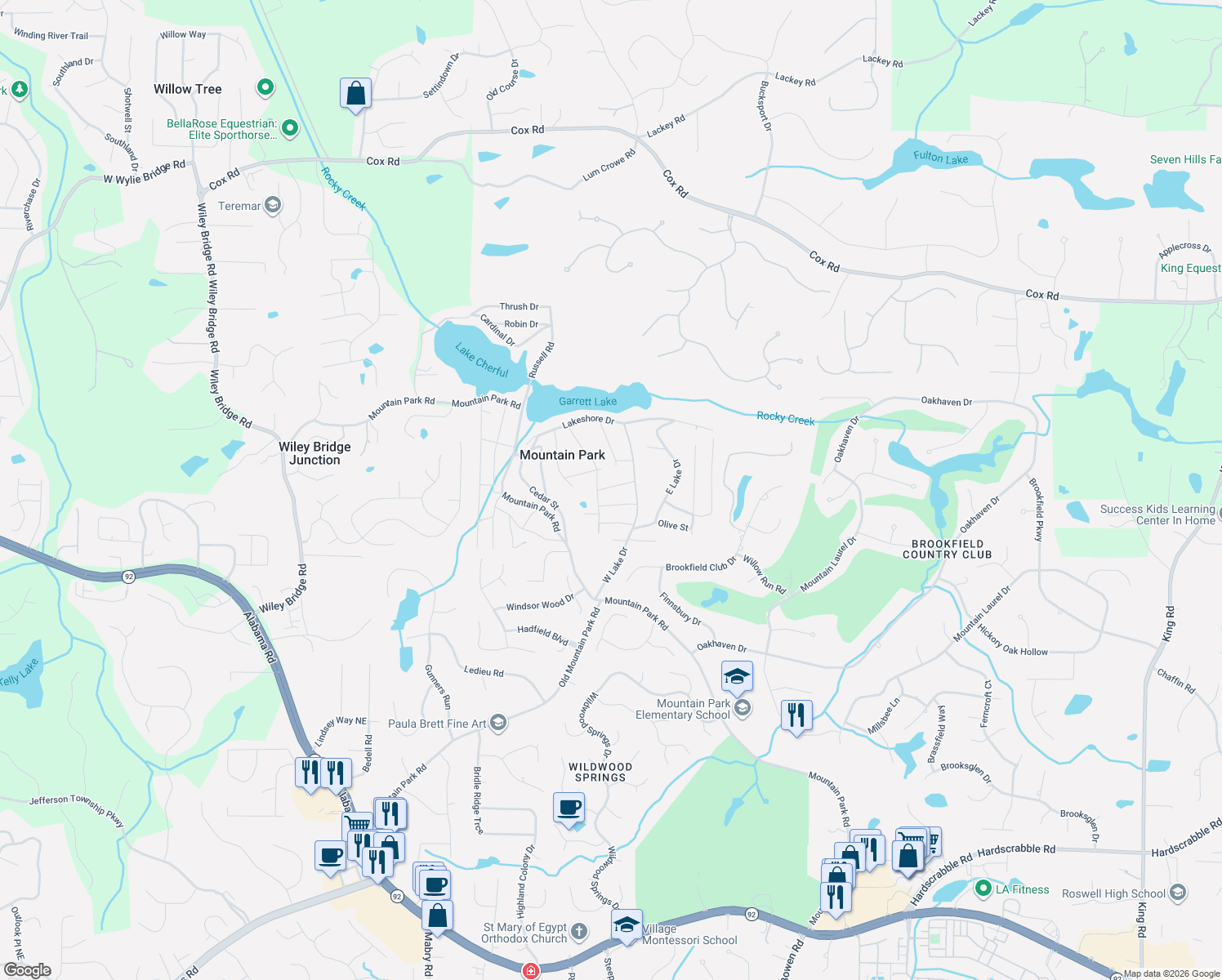 map of restaurants, bars, coffee shops, grocery stores, and more near 127 Plum Street in Roswell