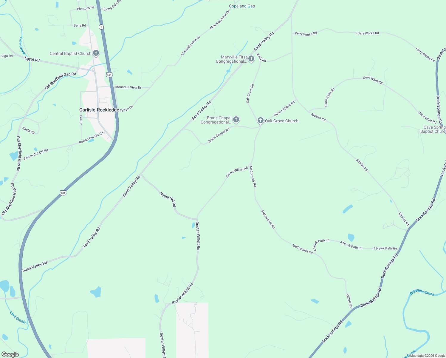 map of restaurants, bars, coffee shops, grocery stores, and more near 2055 Buster Willett Road in Attalla