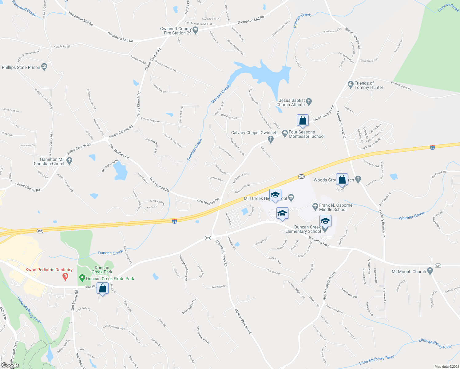 map of restaurants, bars, coffee shops, grocery stores, and more near 4486 Water Mill Drive in Buford