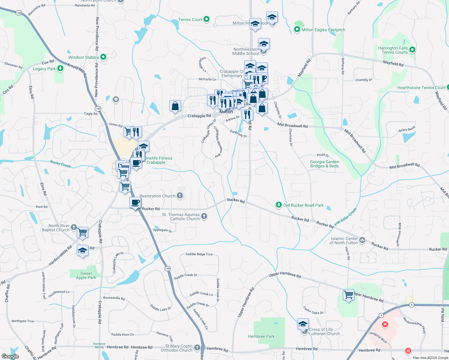 map of restaurants, bars, coffee shops, grocery stores, and more near 12295 Crabapple Chase Drive in Alpharetta