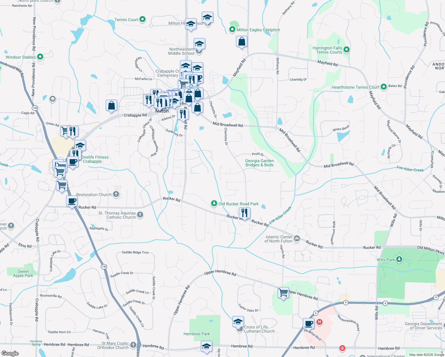 map of restaurants, bars, coffee shops, grocery stores, and more near 1015 Lillian Dr in Alpharetta