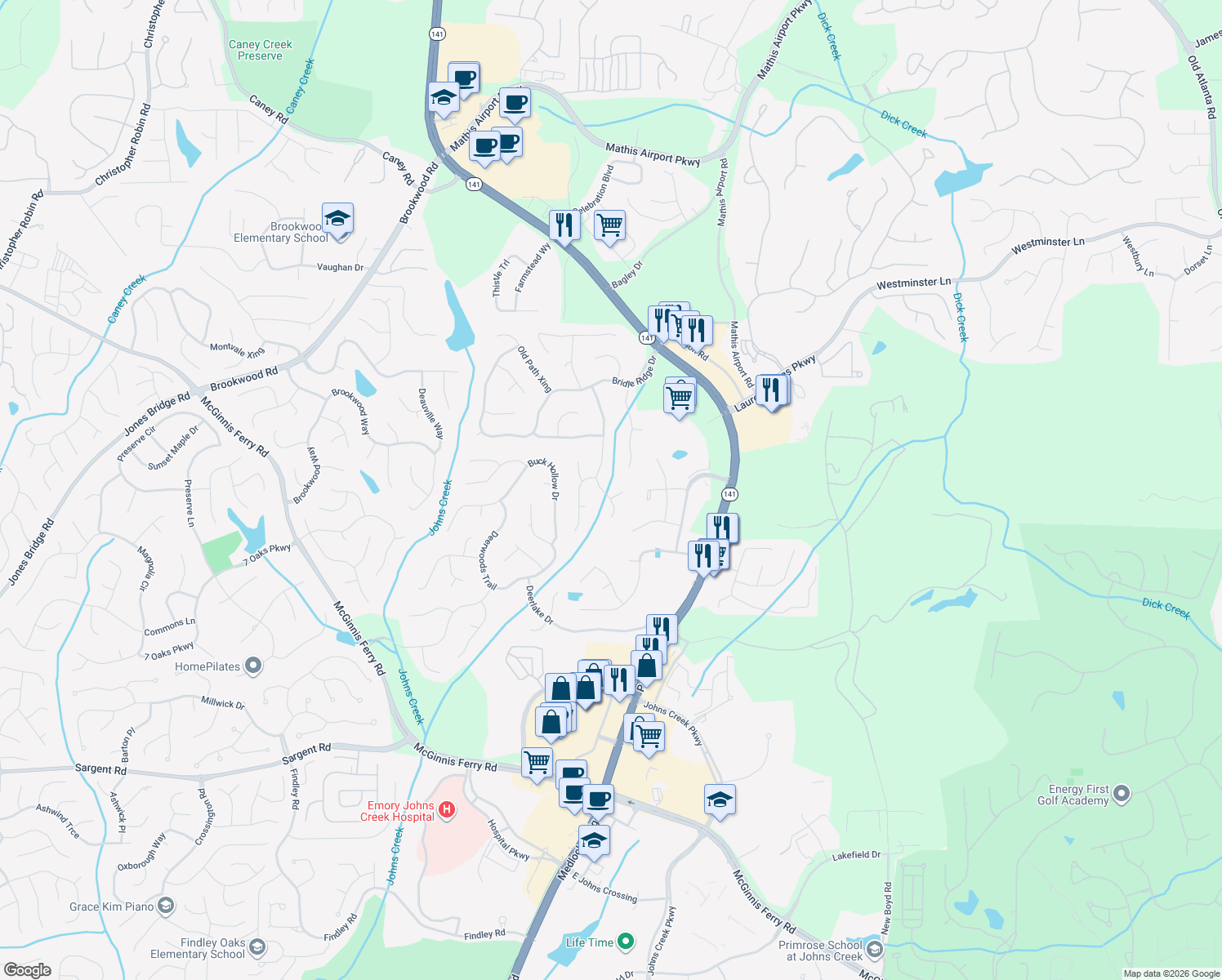 map of restaurants, bars, coffee shops, grocery stores, and more near 3825 Secretariat Court in Suwanee