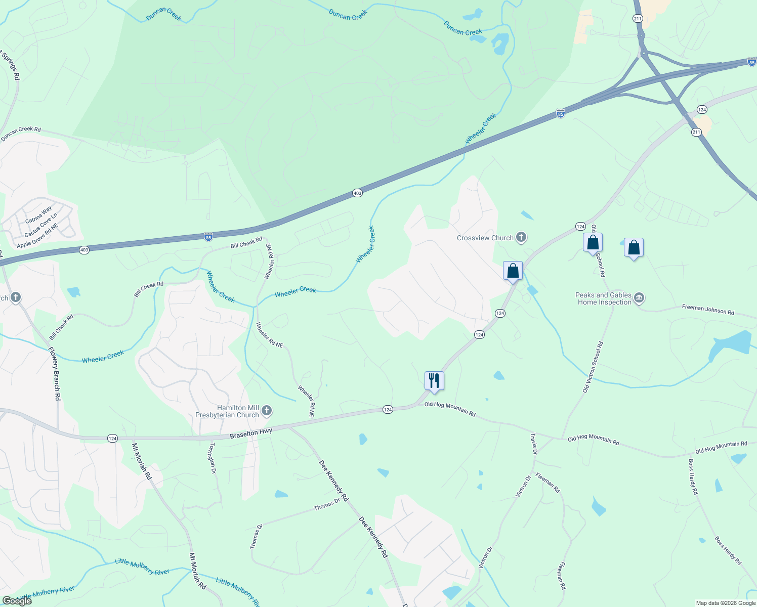 map of restaurants, bars, coffee shops, grocery stores, and more near 4808 Ardmore Lane Northeast in Hoschton