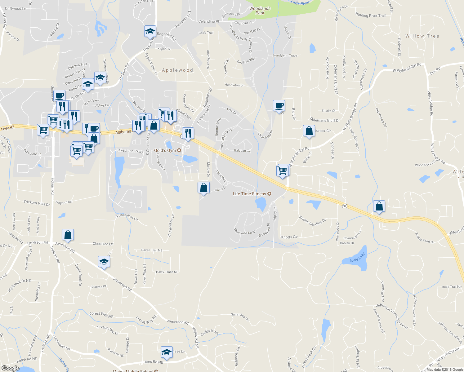 map of restaurants, bars, coffee shops, grocery stores, and more near 500 Hillside Trail in Woodstock