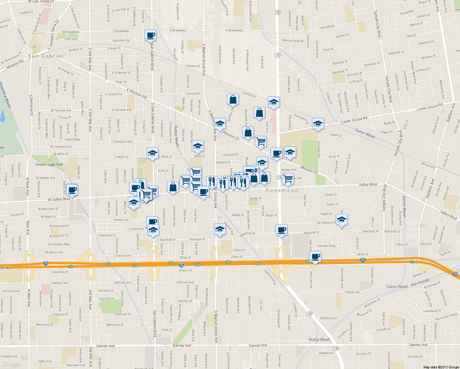 map of restaurants, bars, coffee shops, grocery stores, and more near 8711 Valley Boulevard in Rosemead
