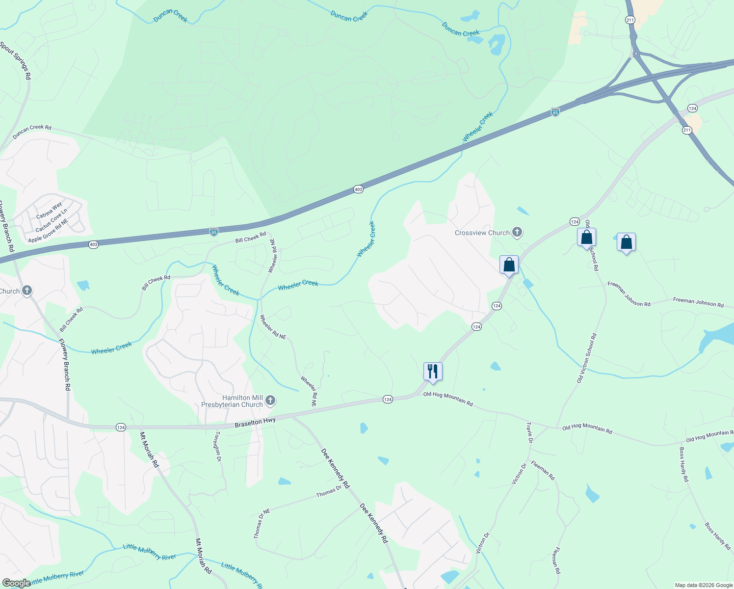 map of restaurants, bars, coffee shops, grocery stores, and more near 4808 Ardmore Lane Northeast in Hoschton