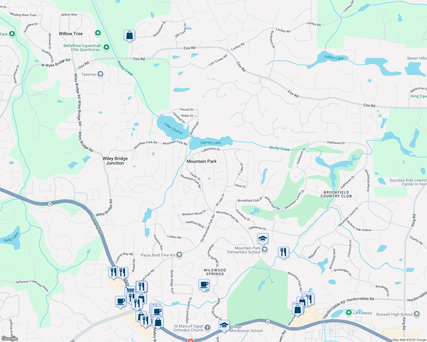 map of restaurants, bars, coffee shops, grocery stores, and more near 109 Elm Street in Roswell