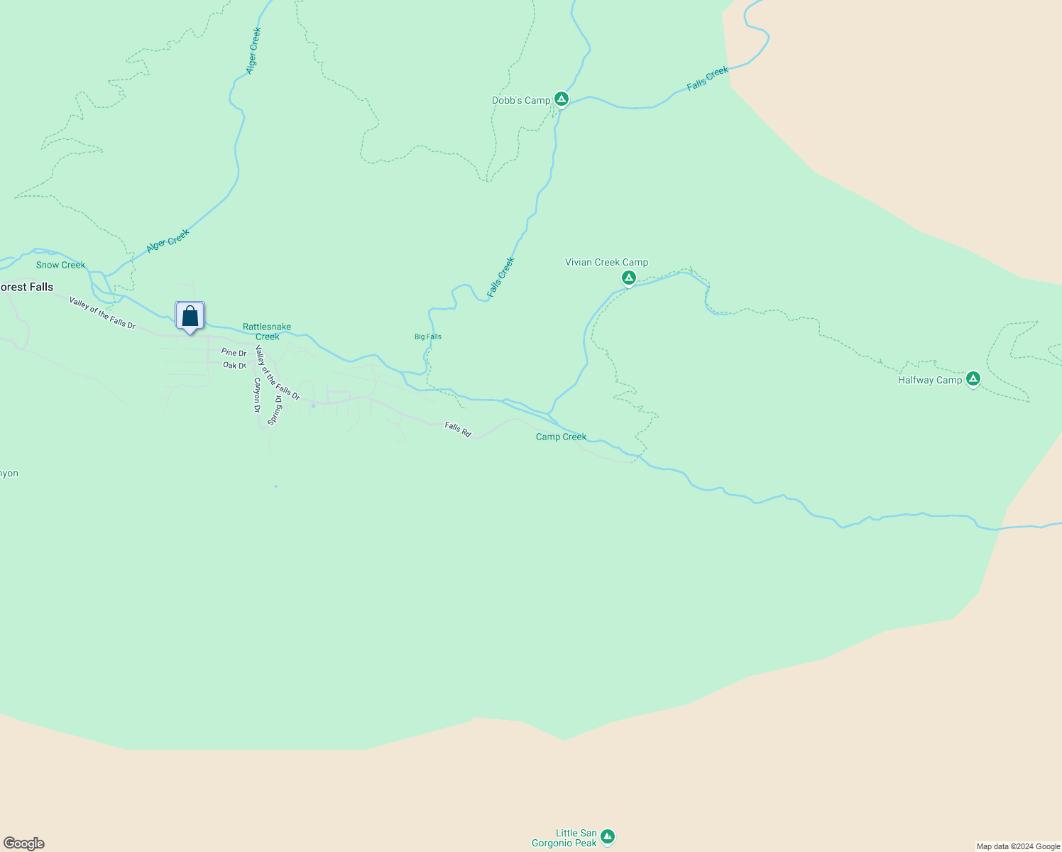 map of restaurants, bars, coffee shops, grocery stores, and more near 9620 Falls Road in Forest Falls