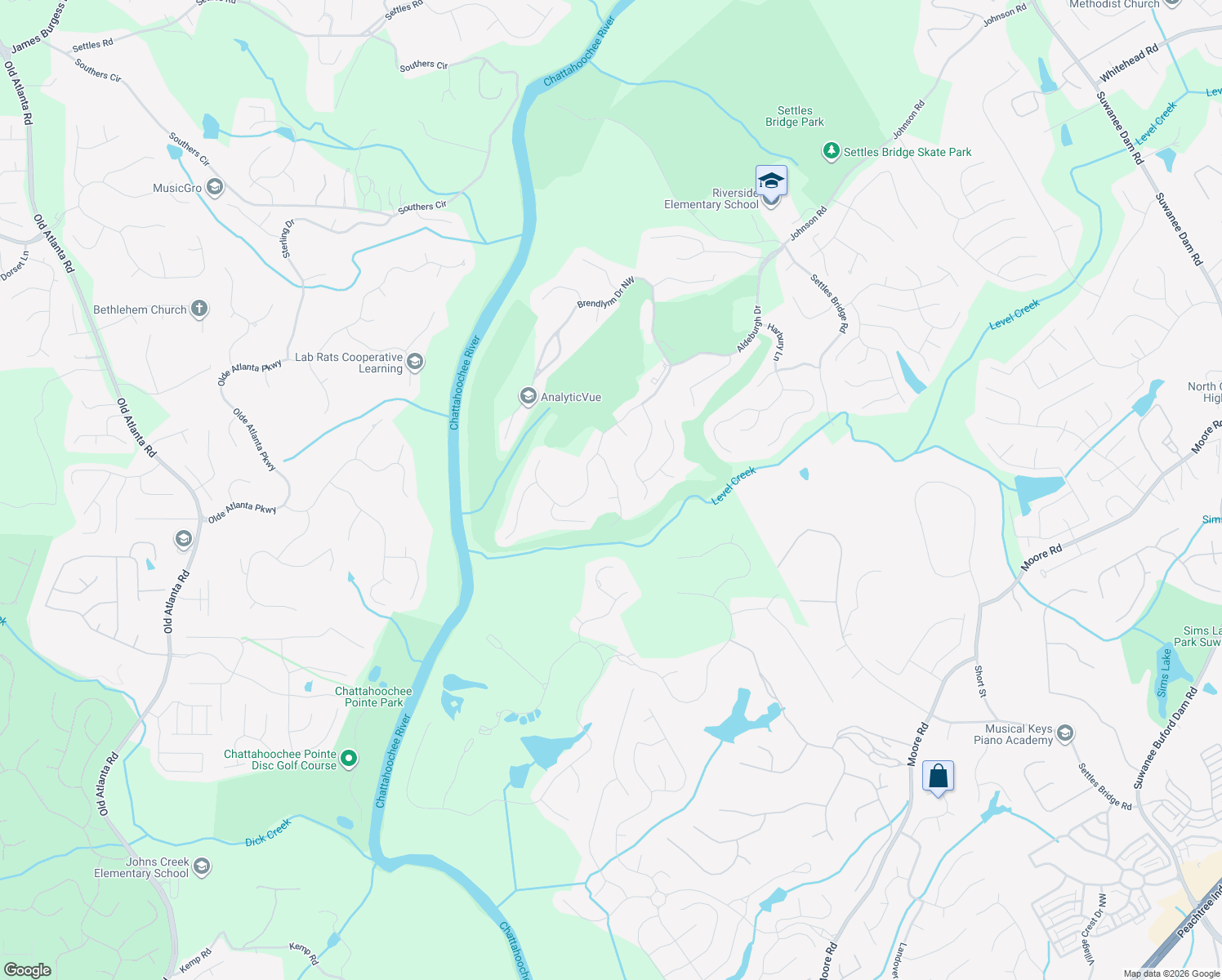 map of restaurants, bars, coffee shops, grocery stores, and more near 4858 Basingstoke Drive in Suwanee
